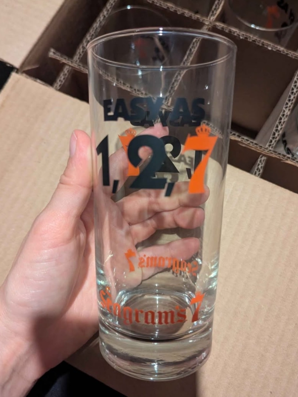 1-2-7 Tall Glass - Clear with Black & Orange Logo